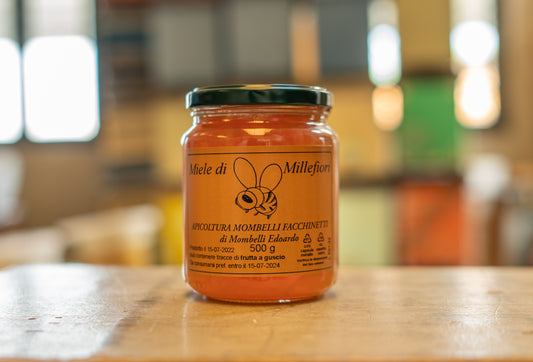 Vasetto di miele di millefiori primaverile artigianale Apicoltura Mombelli, miele dorato e naturale.